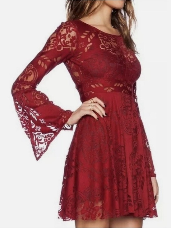 Free People Dresses & Skirts - FREE PEOPLE Bell Sleeve Lace Cutout Back Mini Dress Burgundy‎ NWOT Sz 8 Romantic